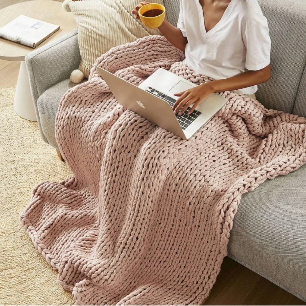 Madison Park Blush Chunky Double Knit Throw Blanket Handmade 50